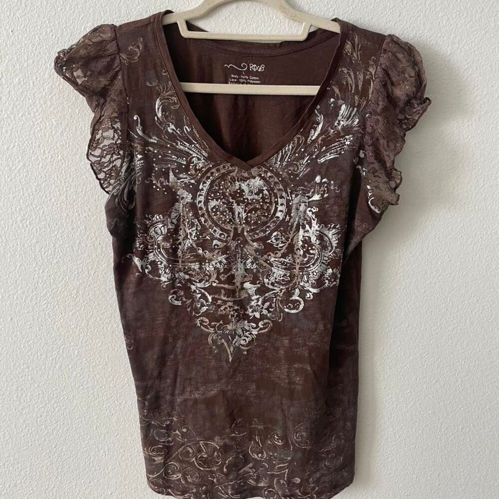 RXB Y2K Grunge Lace Tee Women's L 2000s Vintage Bella Swan Grunge Brown Paisley